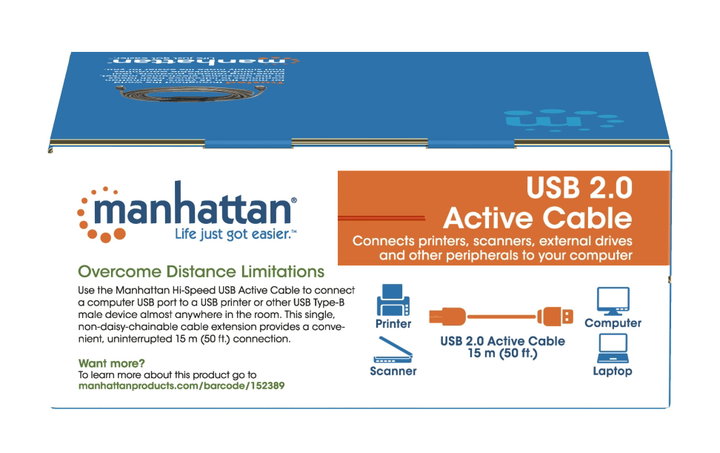 Cavo Prolunga Attivo USB 2.0 Hi-Speed A M / B M 15m Nero - Manhattan IUSB-REP15AB
