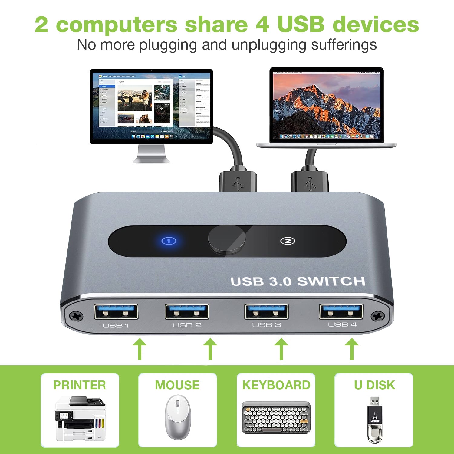 Switch USB 3.0 per 2 PC in 4 out - Techly IUSB-SW3024