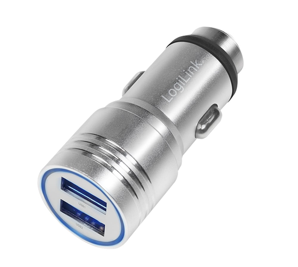 Car charger in aluminium 2 x USB 10,5 W Emergency glass breaker - Logilink IUSB 2 -CAR- 212 AL