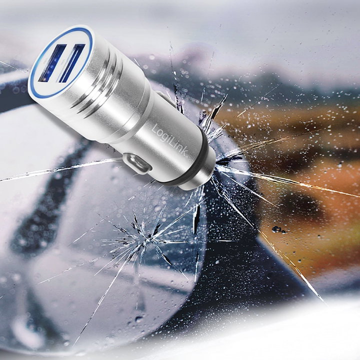 Caricatore da Auto in Alluminio 2x USB 10,5W Rompivetro di Emergenza - Logilink IUSB2-CAR-212AL
