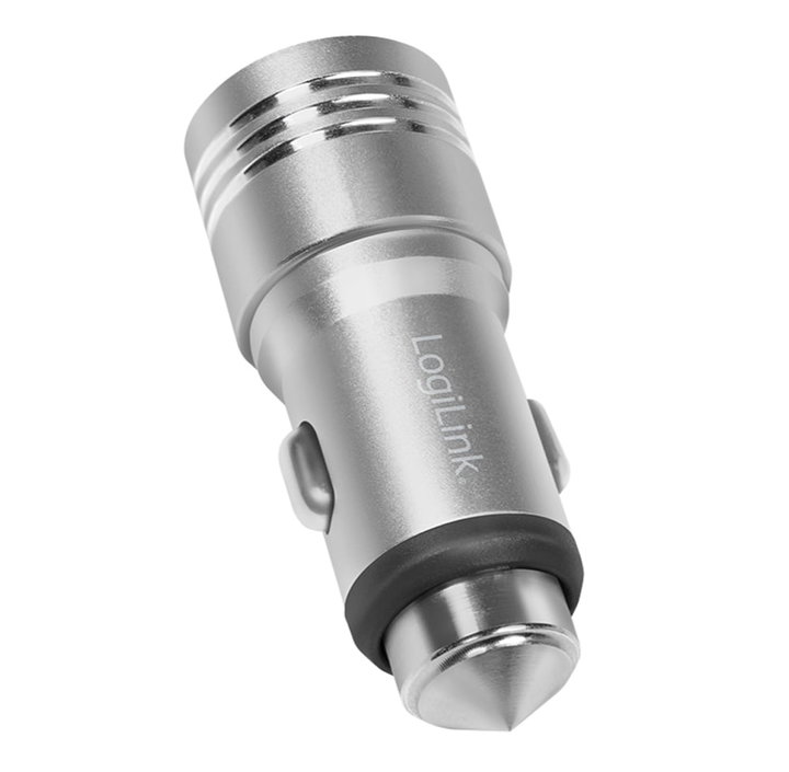 Caricatore da Auto in Alluminio 2x USB 10,5W Rompivetro di Emergenza - Logilink IUSB2-CAR-212AL
