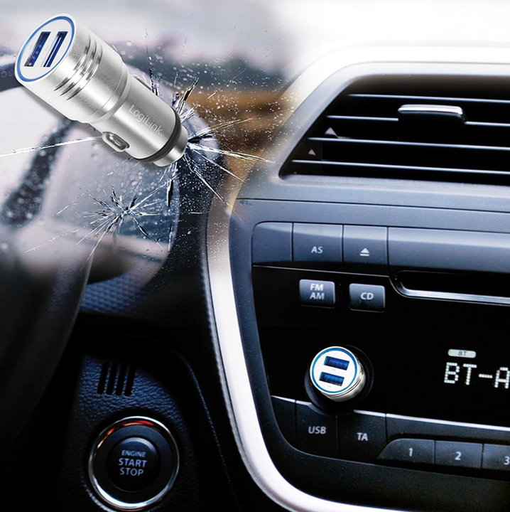 Caricatore da Auto in Alluminio 2x USB 10,5W Rompivetro di Emergenza - Logilink IUSB2-CAR-212AL