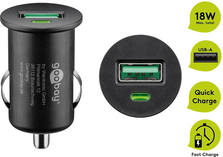 Caricatore USB Auto Quick Charge 3.0 18W 1 Porta - Goobay IUSB2-CAR-3AQC2