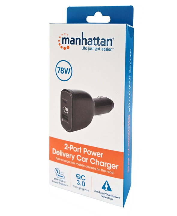 Caricabatteria da auto 2 porte 78W, USB-C PD 3.0 + USB-A QC 3.0 - Manhattan IUSB2-CAR-AC78
