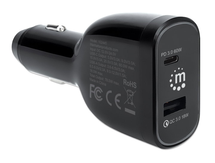 Caricabatteria da auto 2 porte 78W, USB-C PD 3.0 + USB-A QC 3.0 - Manhattan IUSB2-CAR-AC78