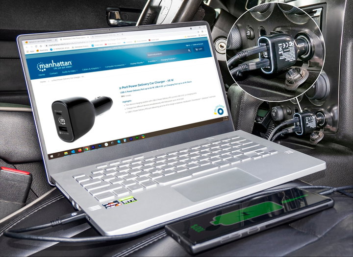 Caricabatteria da auto 2 porte 78W, USB-C PD 3.0 + USB-A QC 3.0 - Manhattan IUSB2-CAR-AC78