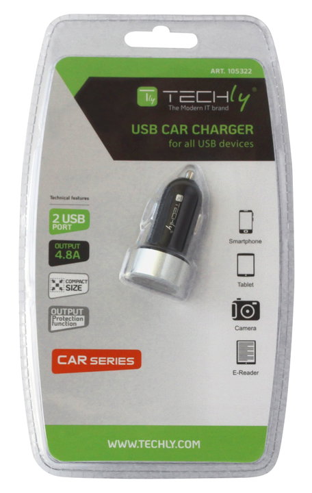 Caricatore da Auto Universale 2 Porte USB con Uscita 4,8A Nero - Techly IUSB2-CAR-ADP482