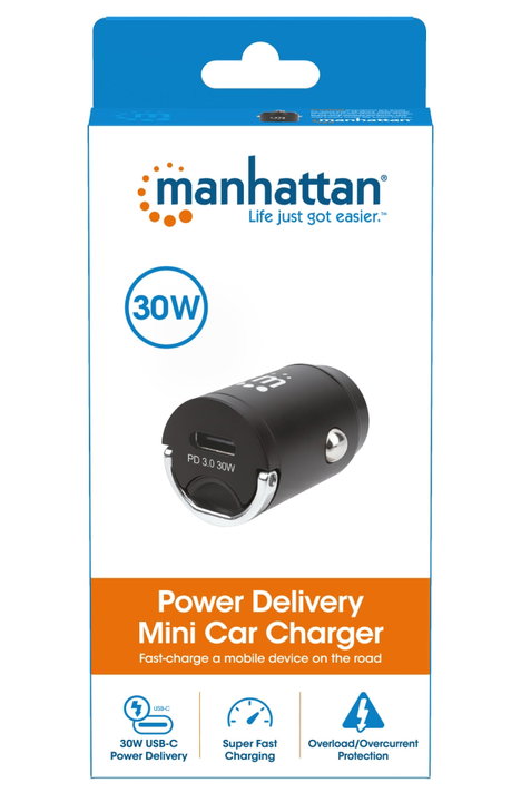 Mini caricabatteria da auto Power Delivery 30W, USB-C - Manhattan IUSB2-CAR-PD30