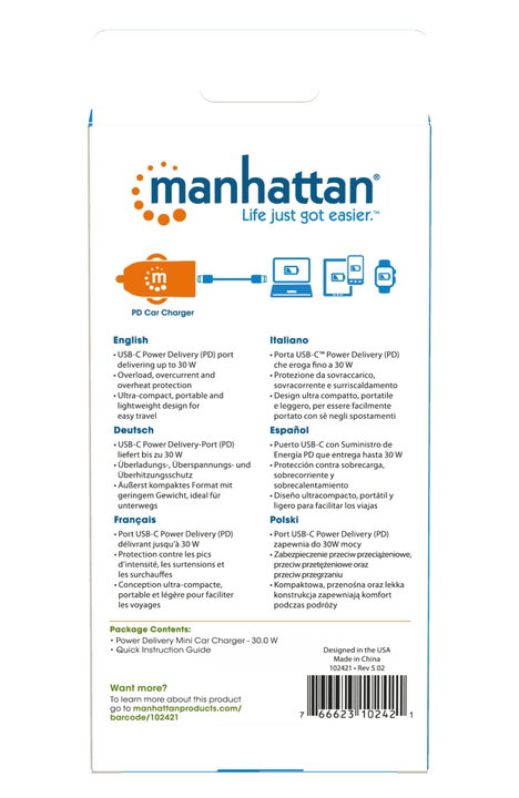 Mini caricabatteria da auto Power Delivery 30W, USB-C - Manhattan IUSB2-CAR-PD30