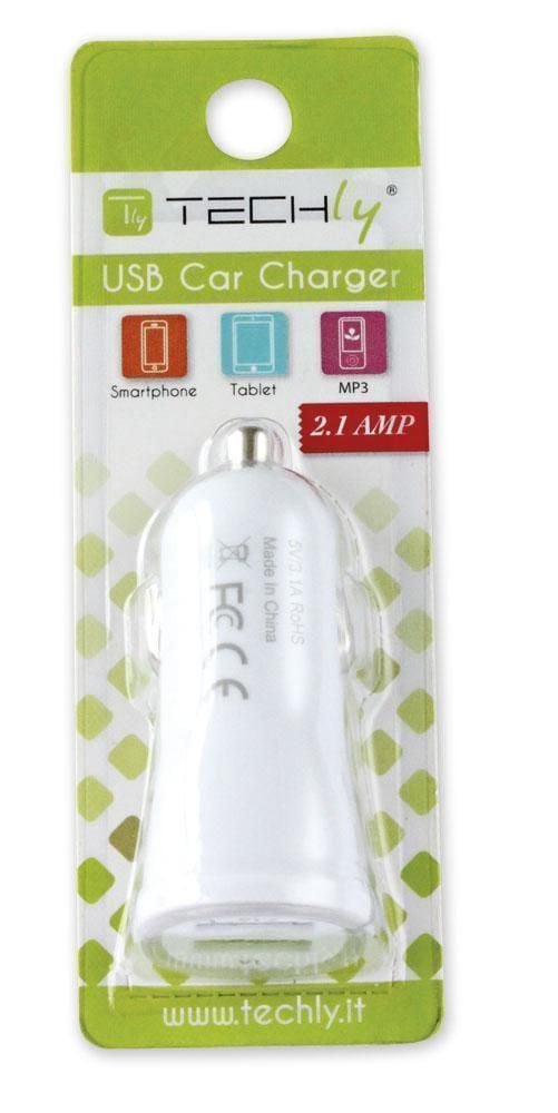 Caricatore da Auto Universale 2 Porte USB 5V 1A&2.1A Bianco - Techly IUSB2-CAR2-2A2P