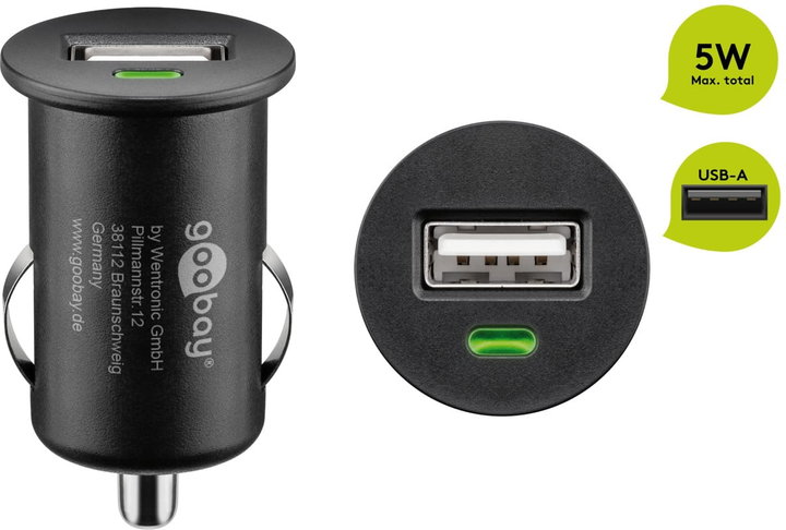 Caricatore Compatto da Auto/Camion 1 Porta USB 1A Nero - Goobay IUSB2-CAR4-1A1P