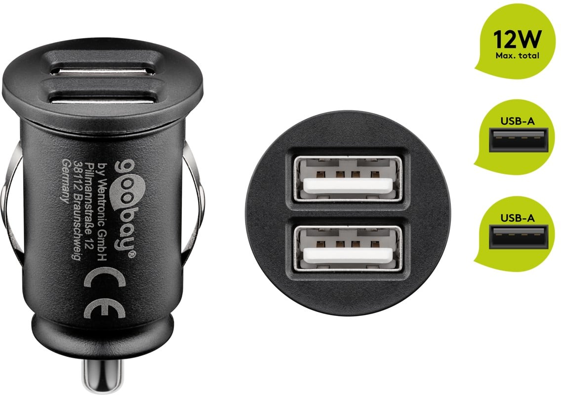 Caricatore Compatto da Auto/Camion 2 porte USB max.12W/2.4A Nero - Goobay IUSB2-CAR4-2A2P