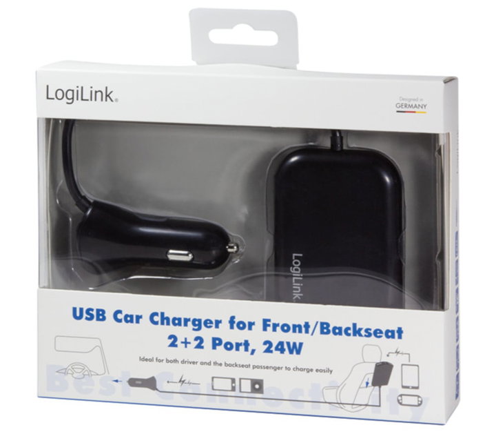 Caricatore da Auto 2 USB + 2 USB per Passeggeri Posteriori 24W - Logilink IUSB2-CAR4L