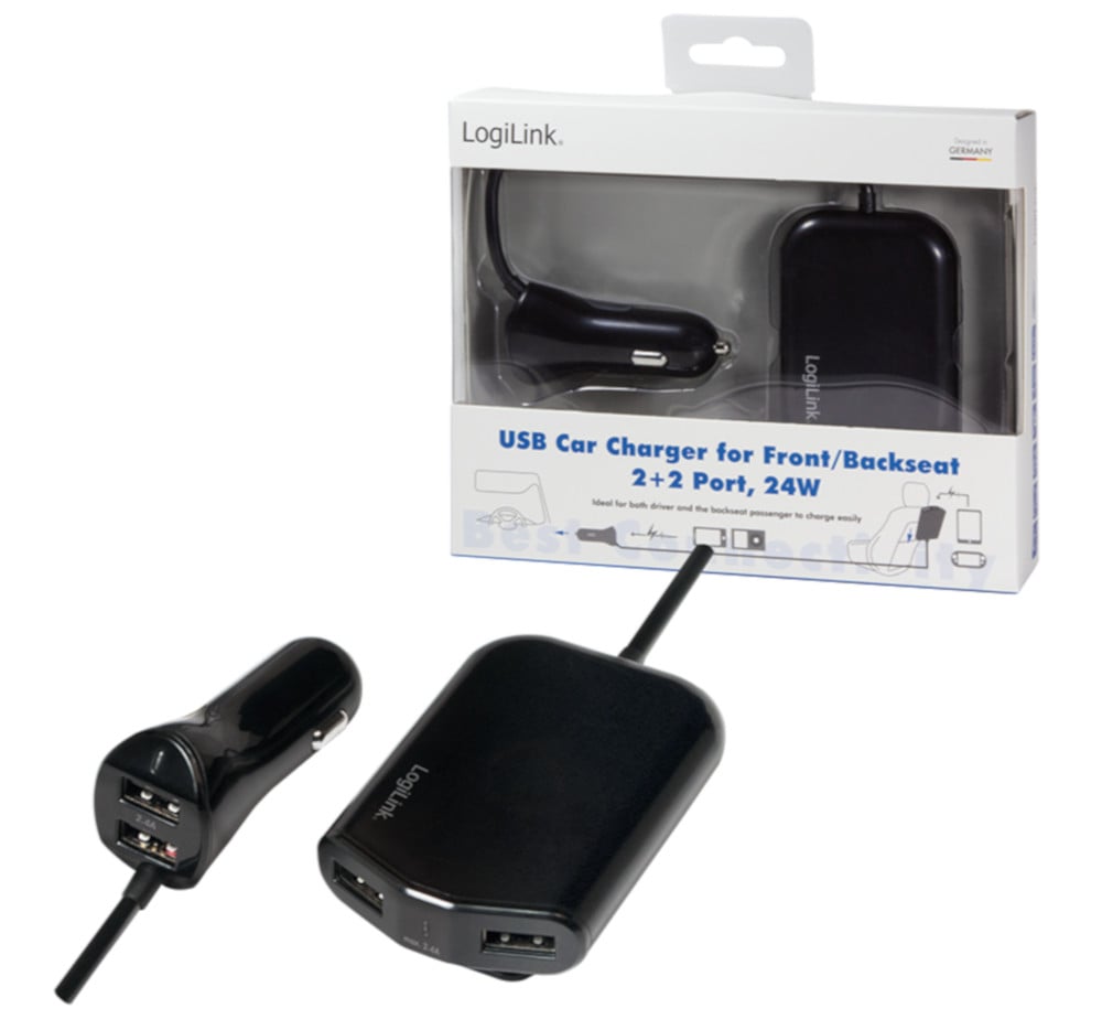 2 USB + 2 USB Car Charger for 24 W Passengers - Logilink IUSB 2 -CAR 4 L