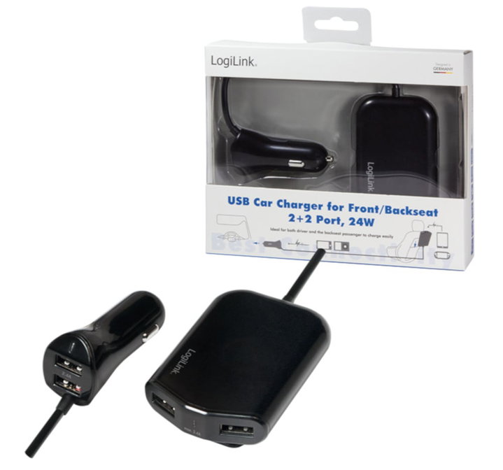 Caricatore da Auto 2 USB + 2 USB per Passeggeri Posteriori 24W - Logilink IUSB2-CAR4L