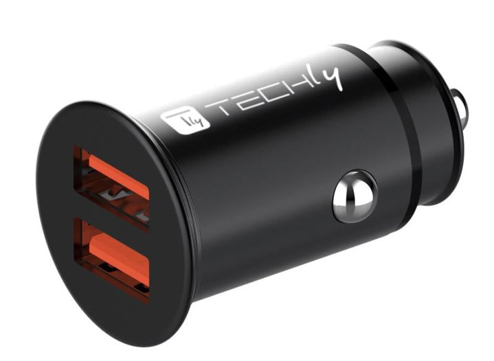 Mini Caricatore da Auto 2 Porte USB-A Ricarica Veloce 36W Metallo Nero - Techly IUSB2-CAR5-AA36W