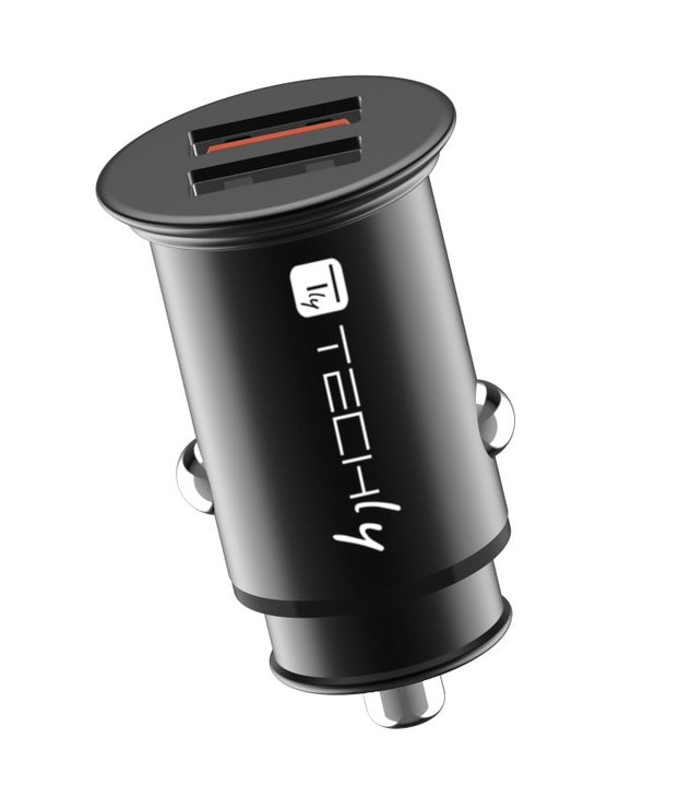 Mini Caricatore da Auto 2 Porte USB-A Ricarica Veloce 36W Metallo Nero - Techly IUSB2-CAR5-AA36W