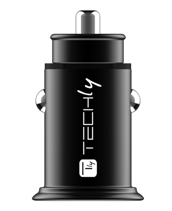Mini Caricatore da Auto 2 Porte USB-A Ricarica Veloce 36W Metallo Nero - Techly IUSB2-CAR5-AA36W