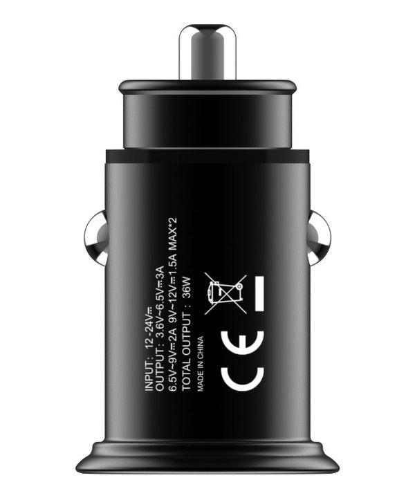 Mini Caricatore da Auto 2 Porte USB-A Ricarica Veloce 36W Metallo Nero - Techly IUSB2-CAR5-AA36W