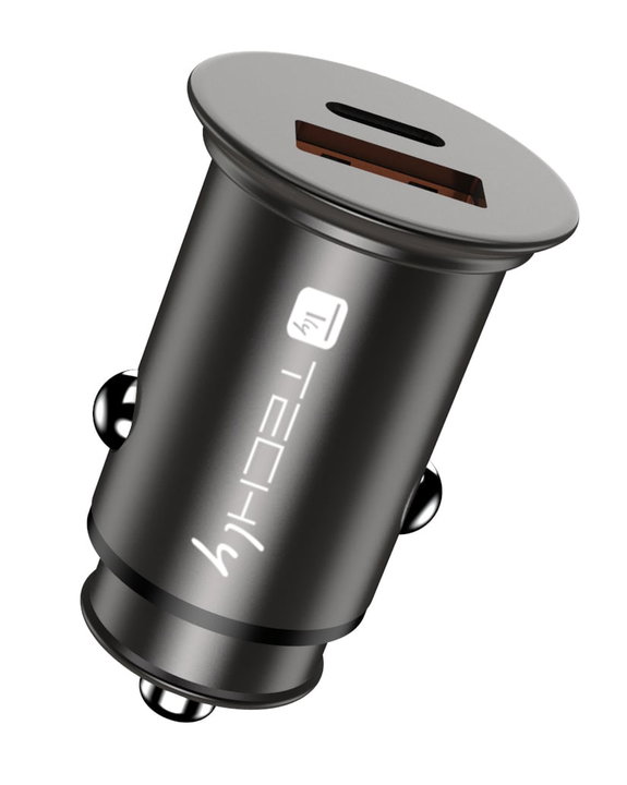Mini Caricatore da Auto USB-A e USB-C Ricarica Rapida 38W Metallo Nero - Techly IUSB2-CAR5-AC38W