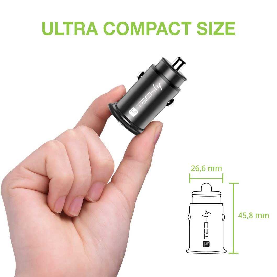 Mini Caricatore da Auto USB-A e USB-C Ricarica Rapida 38W Metallo Nero - Techly IUSB2-CAR5-AC38W