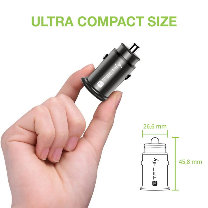 Mini Caricatore da Auto USB-A e USB-C Ricarica Rapida 38W Metallo Nero - Techly IUSB2-CAR5-AC38W