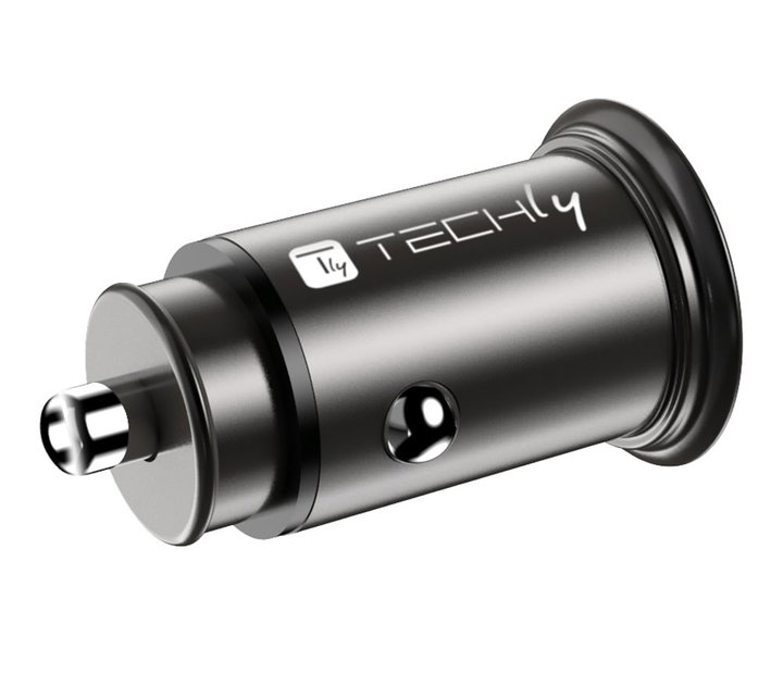 Mini Caricatore da Auto USB-A e USB-C Ricarica Rapida 38W Metallo Nero - Techly IUSB2-CAR5-AC38W