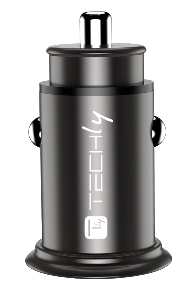 Mini Caricatore da Auto USB-A e USB-C Ricarica Rapida 38W Metallo Nero - Techly IUSB2-CAR5-AC38W