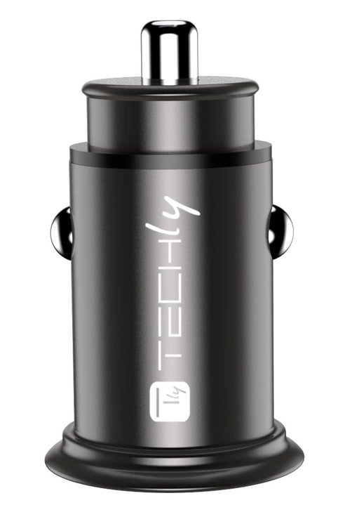Mini Caricatore da Auto USB-A e USB-C Ricarica Rapida 38W Metallo Nero - Techly IUSB2-CAR5-AC38W