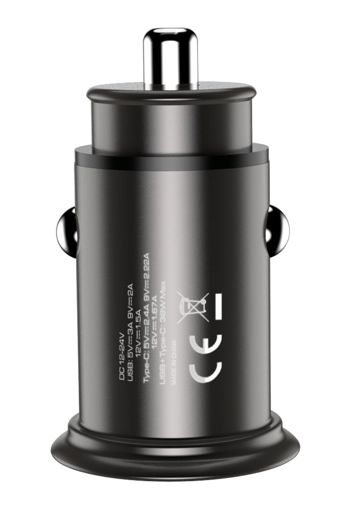 Mini Caricatore da Auto USB-A e USB-C Ricarica Rapida 38W Metallo Nero - Techly IUSB2-CAR5-AC38W