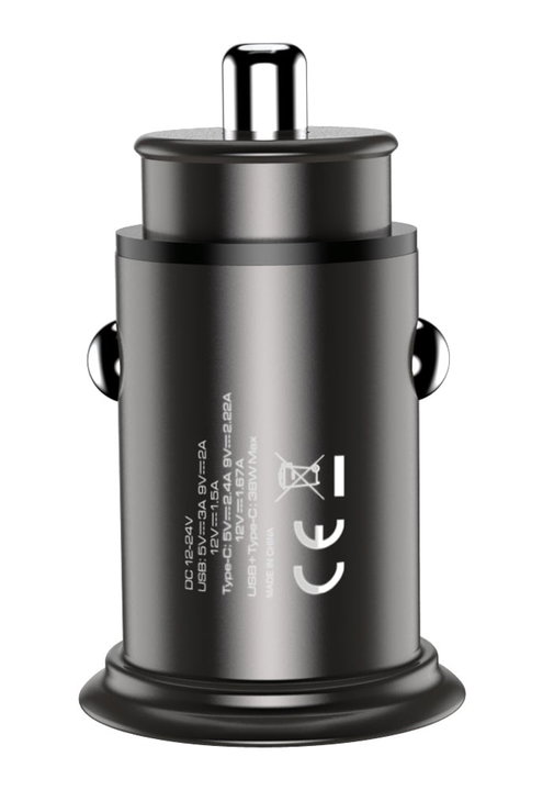 Mini Caricatore da Auto USB-A e USB-C Ricarica Rapida 38W Metallo Nero - Techly IUSB2-CAR5-AC38W