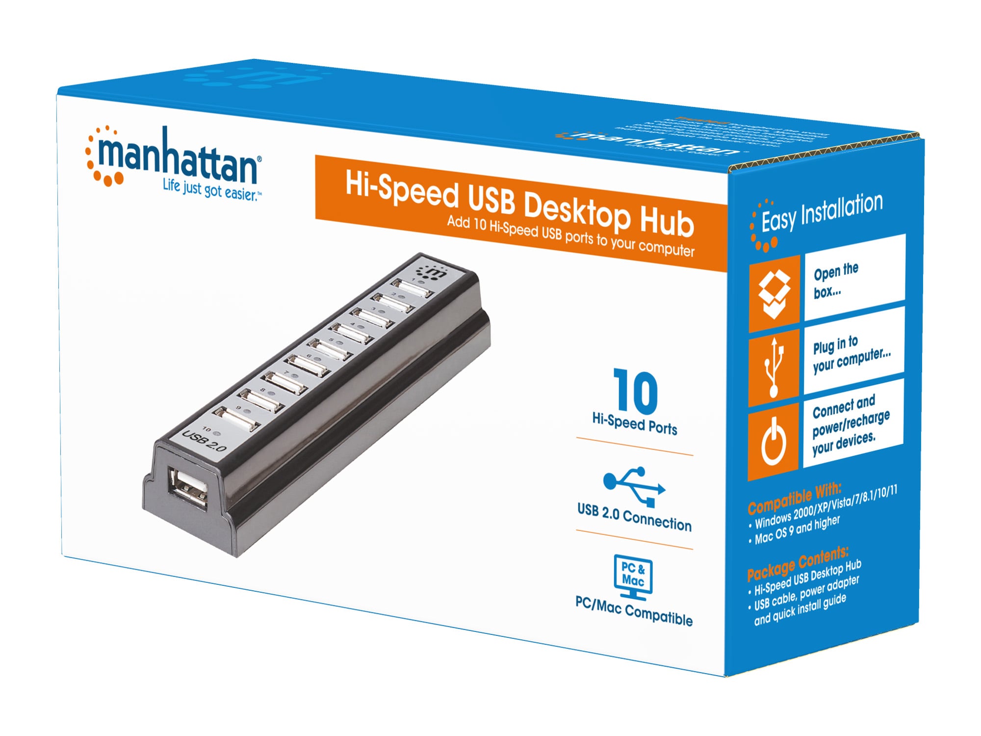 Hub USB 2.0 Hi-Speed 10 Porte da Tavolo con Alimentatore - Manhattan IUSB2-HUB10