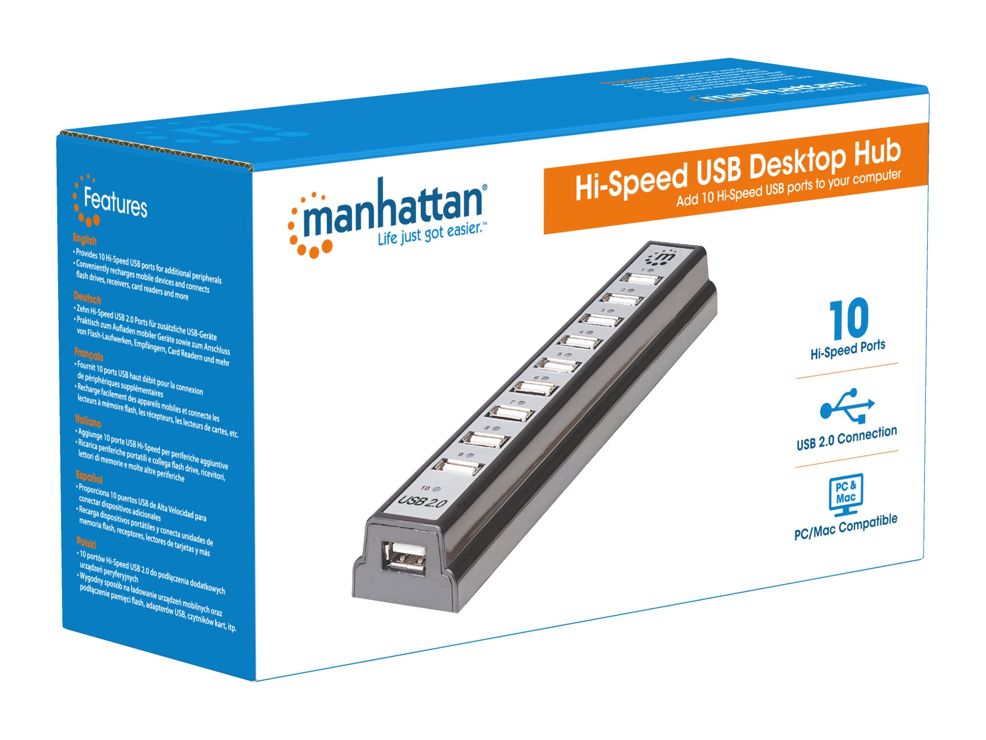 Hub USB 2.0 Hi-Speed 10 Porte da Tavolo con Alimentatore - Manhattan IUSB2-HUB10