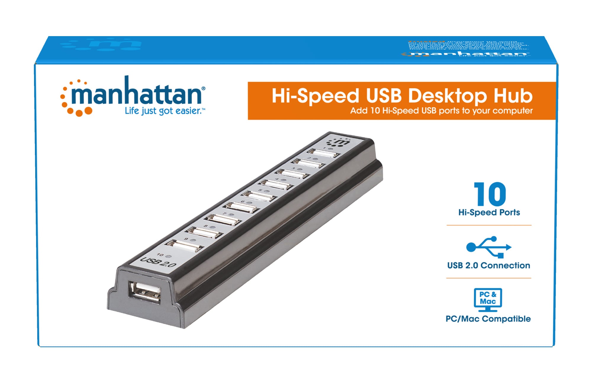 Hub USB 2.0 Hi-Speed 10 Porte da Tavolo con Alimentatore - Manhattan IUSB2-HUB10
