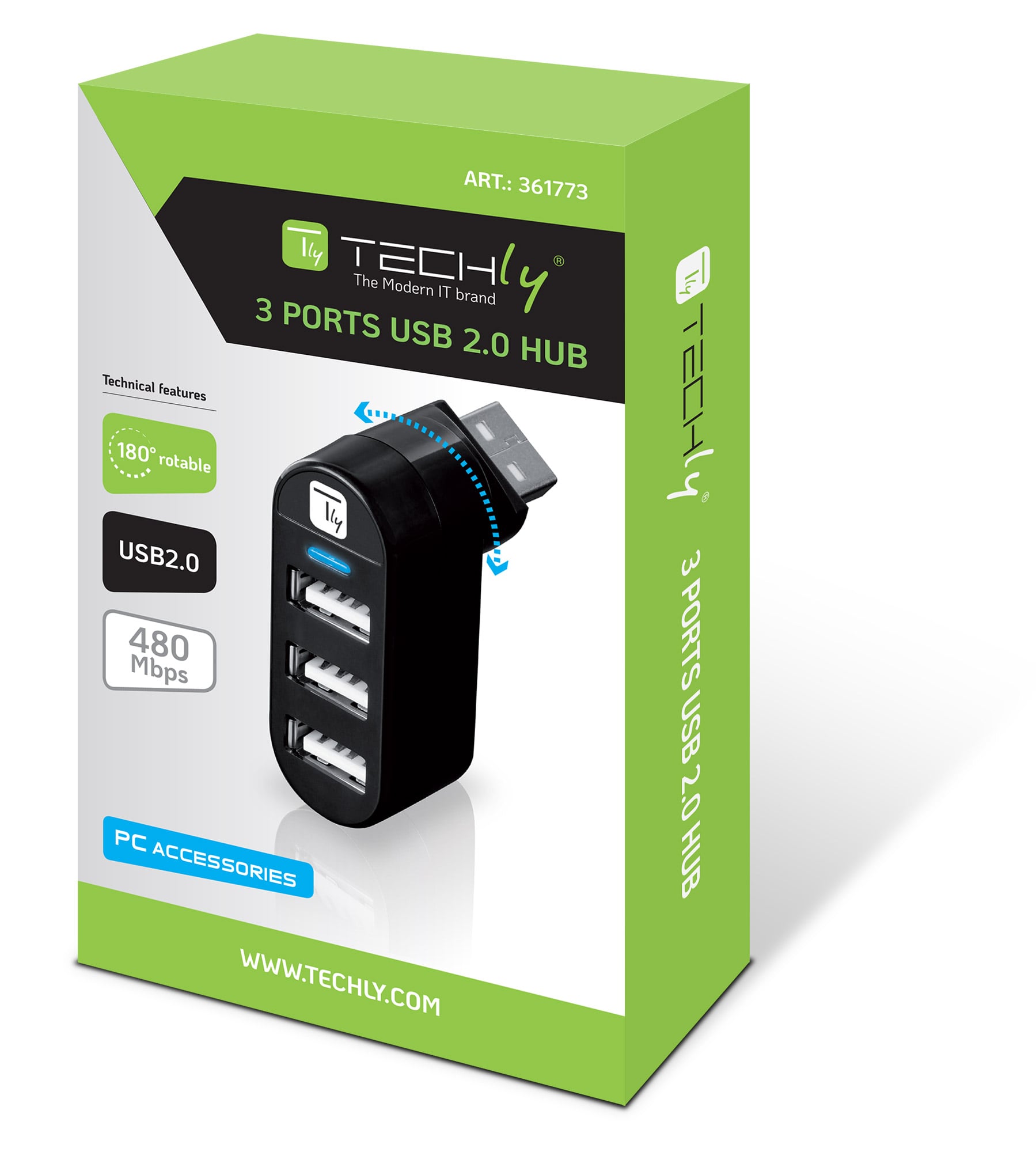 Mini Hub Rotante con 3 Porte USB 2.0 Nero - Techly IUSB2-HUB3-ROTB