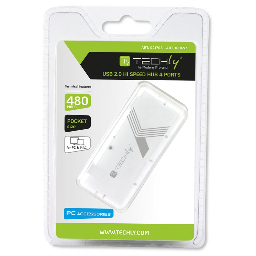 Mini Hub USB Hi Speed 4 Porte Bianco - Techly IUSB2-HUB4-WHTY