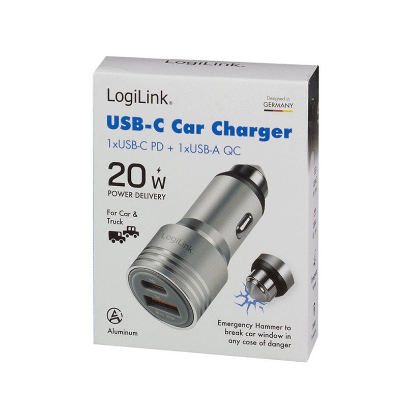 Car Charger Double USB 20 W USB-A QC USB-C PD Silver - Logilink IUSB 3 -CAR- 2 P 20 W