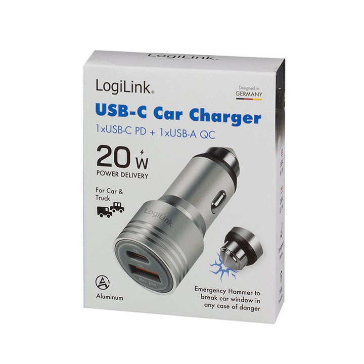 Caricabatteria Auto Doppia USB 20W USB-A QC USB-C PD Argento - Logilink IUSB3-CAR-2P20W
