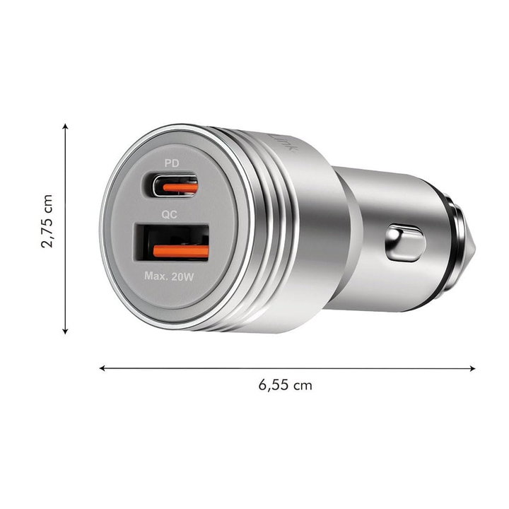 Caricabatteria Auto Doppia USB 20W USB-A QC USB-C PD Argento - Logilink IUSB3-CAR-2P20W