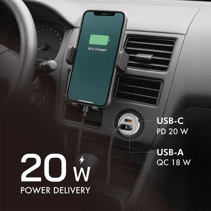 Caricabatteria Auto Doppia USB 20W USB-A QC USB-C PD Argento - Logilink IUSB3-CAR-2P20W