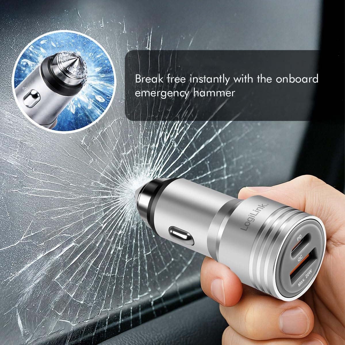 Car Charger Double USB 20 W USB-A QC USB-C PD Silver - Logilink IUSB 3 -CAR- 2 P 20 W