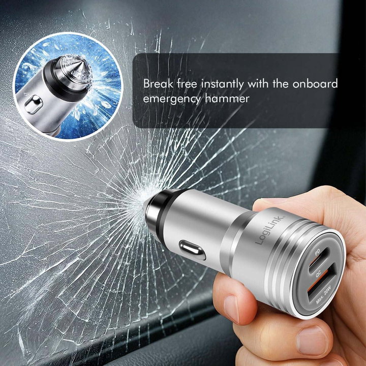 Caricabatteria Auto Doppia USB 20W USB-A QC USB-C PD Argento - Logilink IUSB3-CAR-2P20W