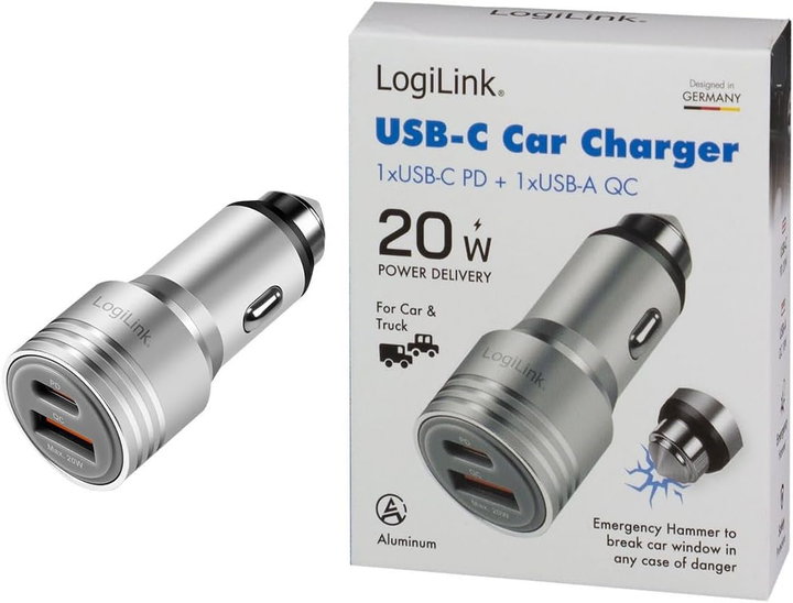 Caricabatteria Auto Doppia USB 20W USB-A QC USB-C PD Argento - Logilink IUSB3-CAR-2P20W