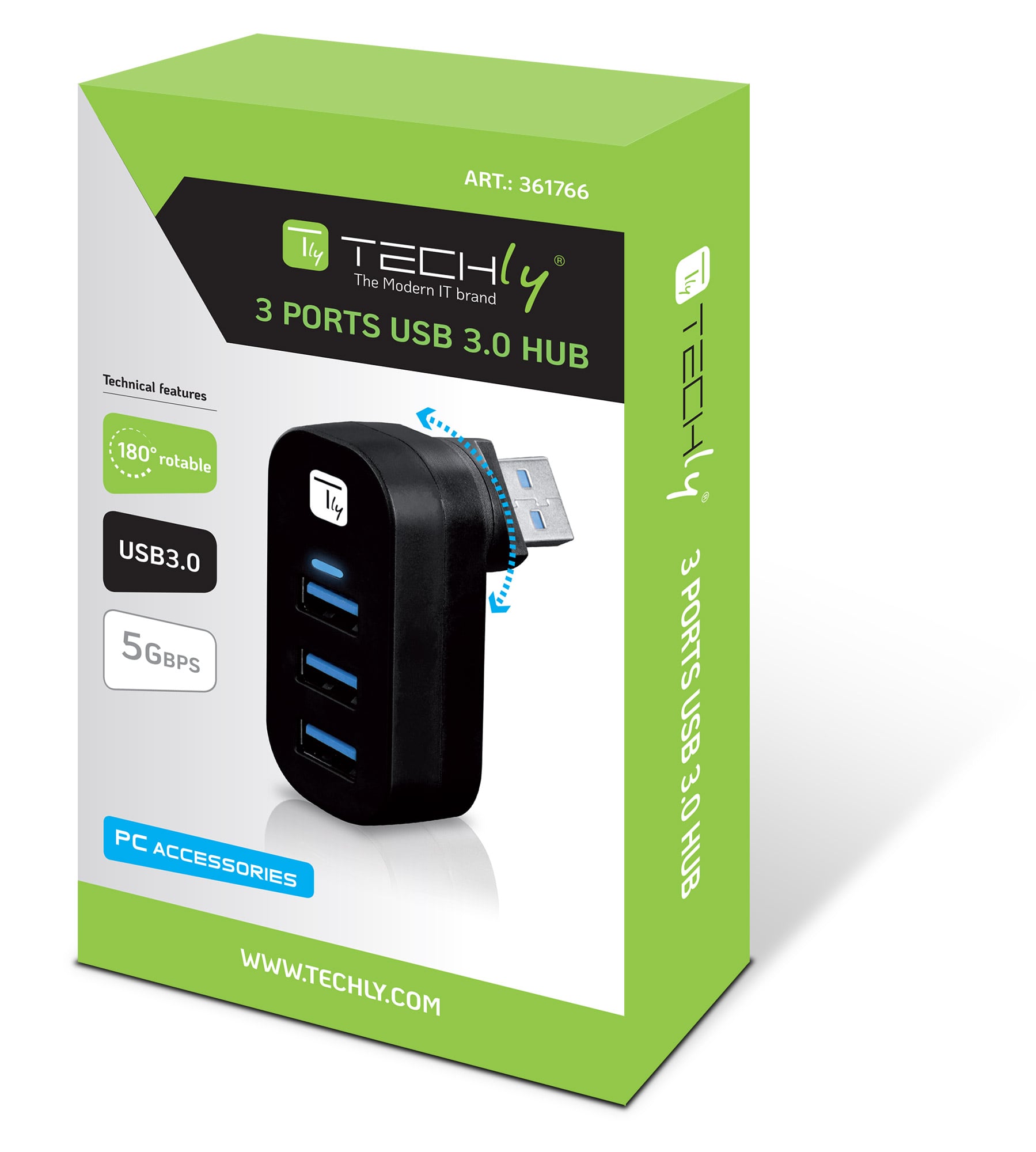 Mini Hub Rotante con 3 Porte USB 3.2 Nero - Techly IUSB3-HUB3-ROTB