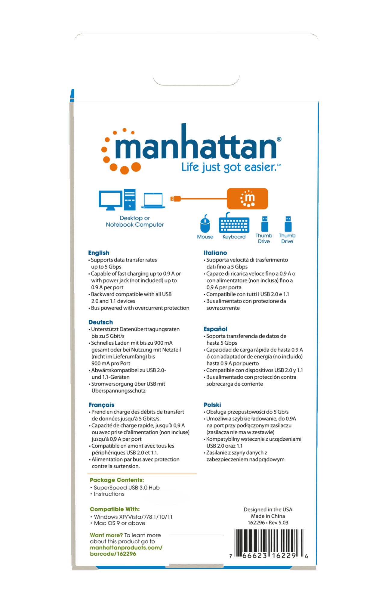 SuperSpeed USB 3.2 Gen1 Hub 4 Porte USB A - Manhattan IUSB3-HUB4-BK