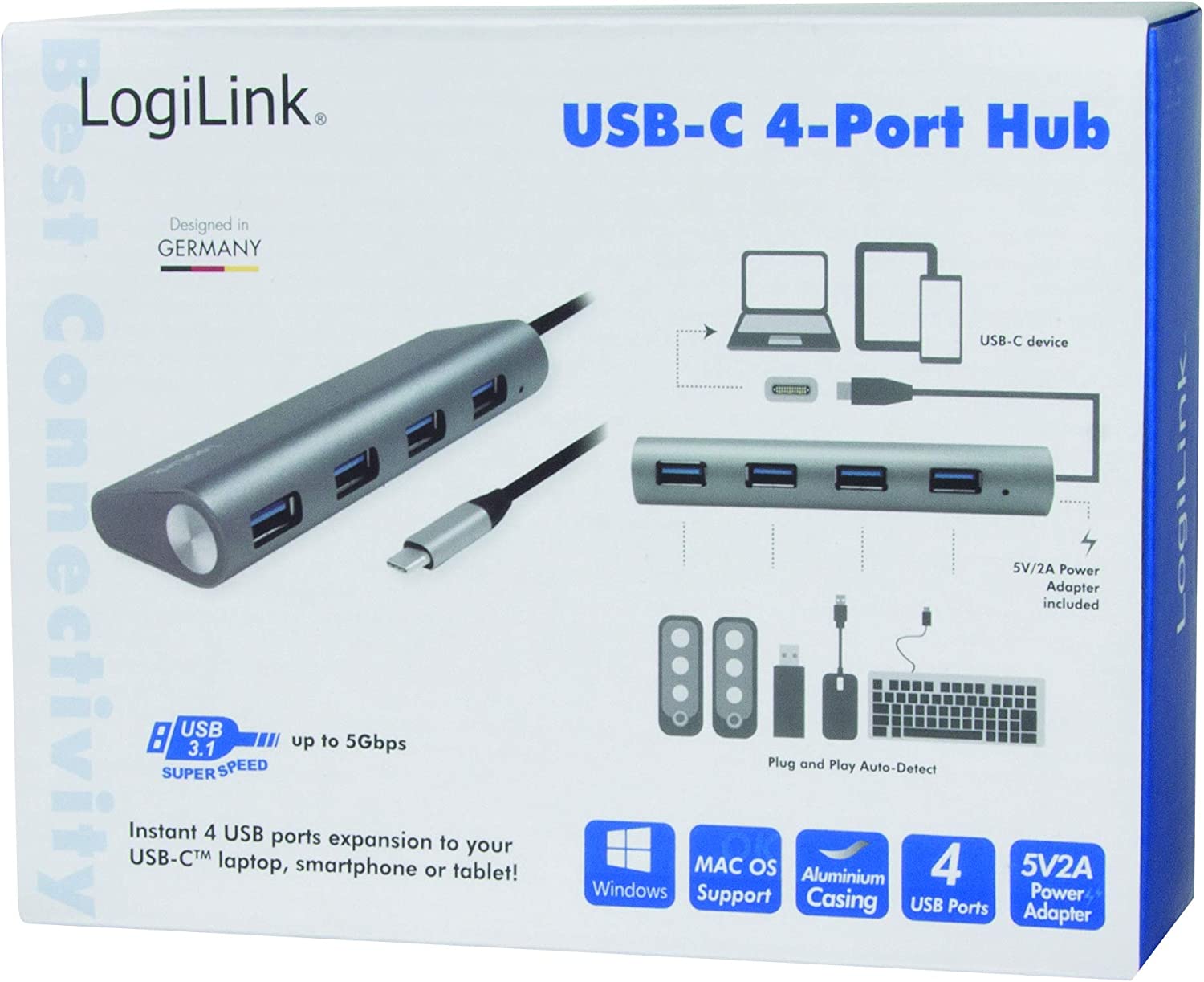 Hub USB-C™ SuperSpeed 4 Porte Alluminio Silver - Logilink IUSB31-HUB4CA