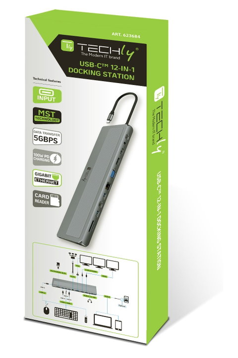 Docking Station 12 in 1 USB-C Hub VGA HDMI DP RJ 45 SD/Micro SD Player - Techly IUSB 31 C-DOCK 12 DPHD 2