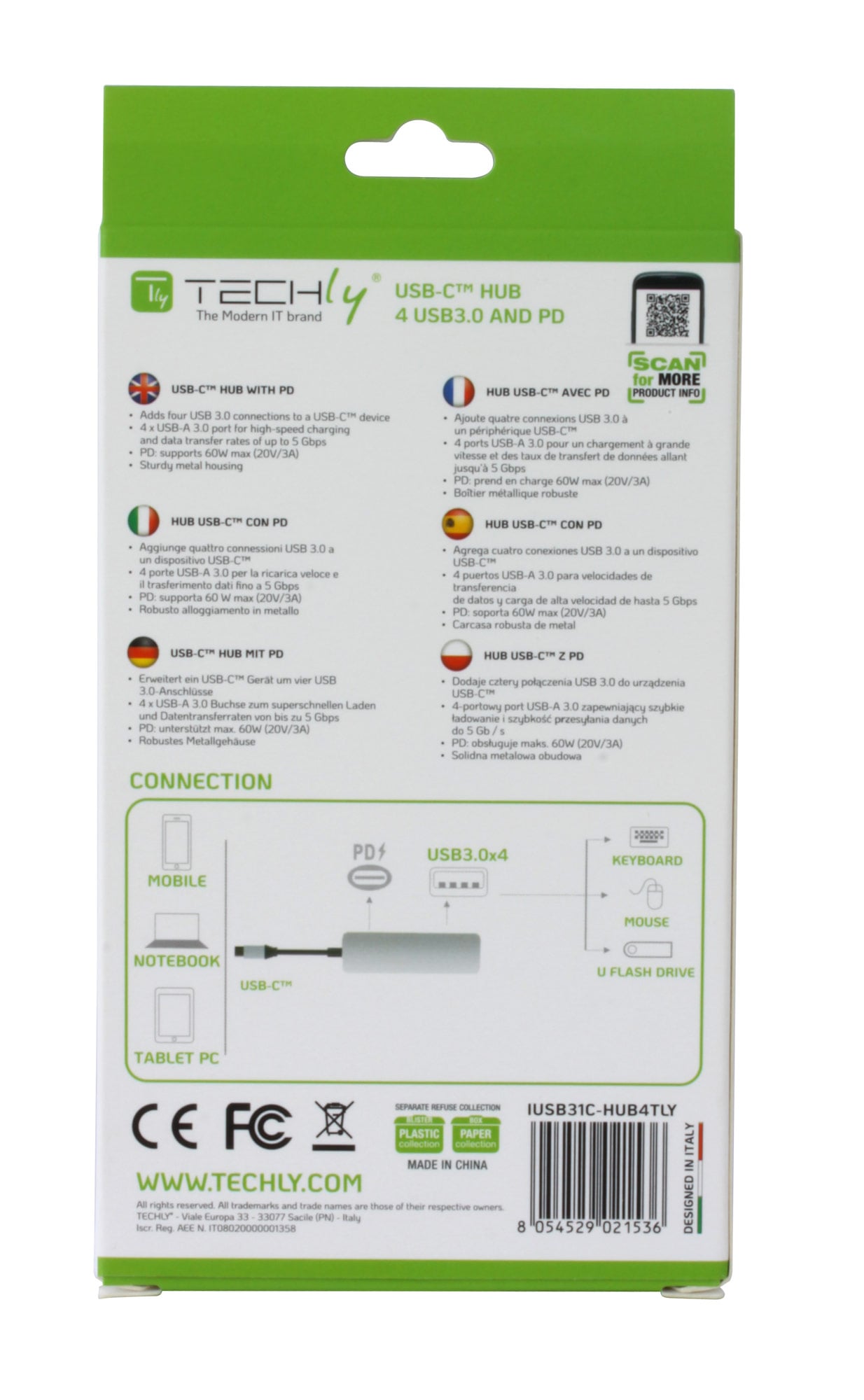 Hub USB-C™ SuperSpeed 4 Porte USB3.2 con PD, Alluminio - Techly IUSB31C-HUB4TLY