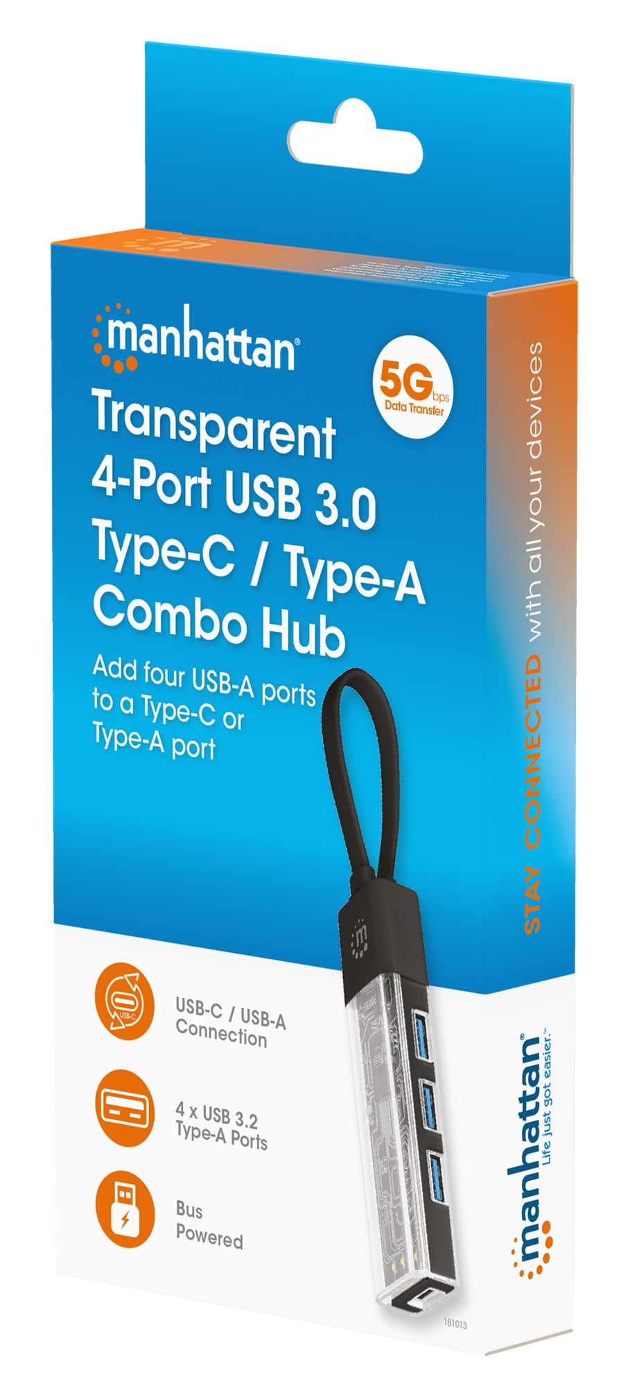 Hub Combo USB 3.2 USB-C™ e USB-A 4 Porte Nero Trasparente - Manhattan IUSB31C-TR-HUB4BK