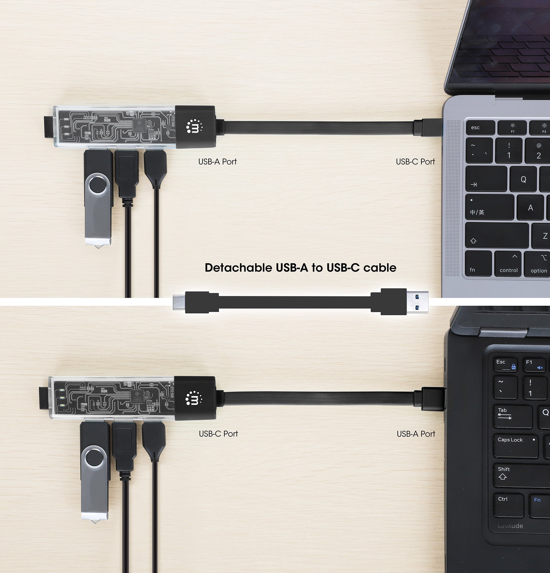 Hub Combo USB 3.2 USB-C™ e USB-A 4 Porte Nero Trasparente - Manhattan IUSB31C-TR-HUB4BK